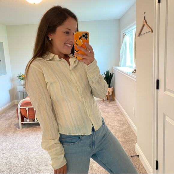 Johnny Cotton Pastel Yellow Blue Metallic Stripe Button Front Top Blouse 2 - Picture 5 of 14